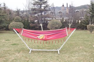   Double Steel Hammock Stand set with fringe hammock set–In Outdoor