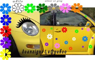 VW bug beetle multi color flowers flower & black eyelashes decals head 