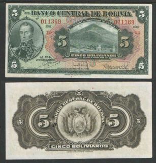 BOLIVIA 1928 5 Bolivianos P120 About UNCIRCULATED Catalog Value  $8
