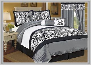   Zebra Satin Comforter Set+Window Curtain Queen Grey/Black/Whi​te