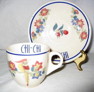   China Chi Chi Club Demi Cup & Saucer c1937 w/Tropical Bird & Flowers