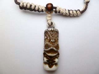   Powder White Brown Tiki Pendant Adjustable Cord Necklace # 30192 25
