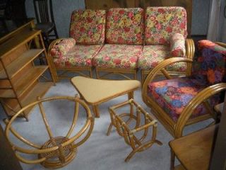   WAKEFIELD RATTAN BAMBOO WOOD PATIO SUNROOM SET COUCH CHAIR & TABLES