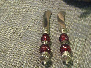 GODINGER Two Red Glass and Silverplate Butter Knifes