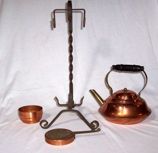 VINTAGE COPPERCRAFT GUILD COPPER & BRASS TEAPOT ON WROUGHT IRON STAND