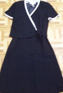 Evan Picone Black Dress White Piping Trim Faux Wrap Style Sz. 8