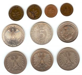 GERMANY 1948D 1975J PFENNIG 5 MARK 10 DIFFERENT COINS EF GEM .225oz 