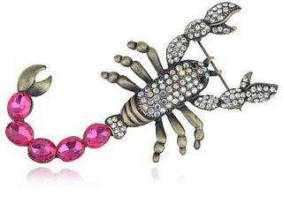   Pink Clear Crystal Rhinestone Scorpion Costume Bug Brass Tone Pin