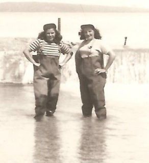 A294   Vintage 1940s Photograph   Two Women in Fishing Waders