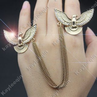   Gold Double Peace Dove Bird Chain Tassels Finger Ring Crystal Festival