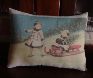 Primitive Christmas Print Pillow ~ Children with Sled