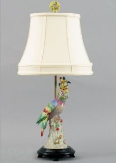 NEW PRETTY PORCELAIN COLORED PARROT, WOOD LAMP 25H