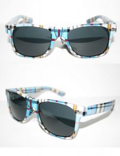 Wayfarer Nerd Sunglasses Blue White Plaid Print Shades retro Mens 