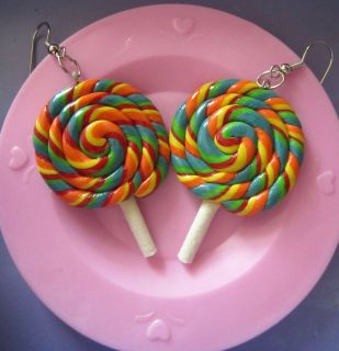 Rainbow Lollipop Earrings Hard Candy Swirl Cute Kitsch Kawaii 