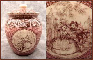 RED & CREAM TRANSFERWARE FRENCH COUNTRYSIDE TOILE BISCUIT JAR CANISTER