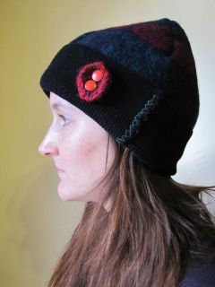   felted wool toboggan hat cap handmade black red kids women men