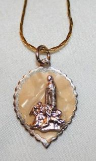 Lovely Fluted Silvertone Cream Celluloid Our Lady of Fatima Medal 