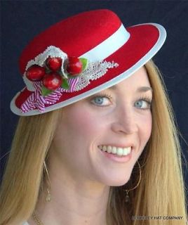NEW Womens Mini Top Hat Fascinator Boater Red Black Cherries Fruit 