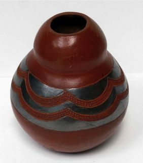 Vintage Red Black Clay Pot Pottery Vase Carved Incised Hand Wheel 