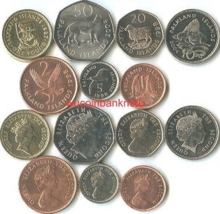 Falkland Set of 7 Coins,1,2,5,10​,20,50Pence,1P​ound,UNC