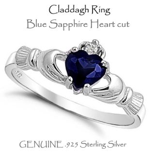 Blue Sapphire Heart Claddagh Sterling Silver RIng   9mm   Sizes 3   10