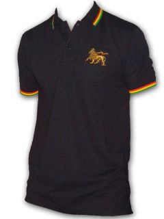 Rasta Reggae POLO Tee shirt Lion Of Judah Embroided Black UK