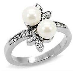   Steel Double Pearl with Multi CZ Cocktail Ring u CHOOSE SIZE 5 6 7 8 9