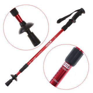   AntiShock Hiking Walking Stick Pole Retractable Adjustable Compass Red