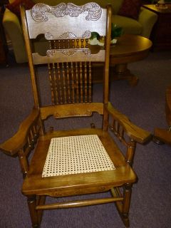 Antique Oak Rocking chair Rocker, quadruple Pressed back Hand cane 