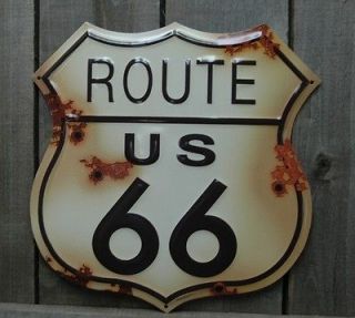 METAL LARGE RUSTIC ROUTE 66 WITH BULLET HOLES TIN SIGN GARAGE MAN CAVE 