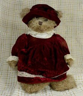 Russ Berrie Plush Stuffd Bear Red Velvet Dress,Hat,Lace,Pearls Retired 