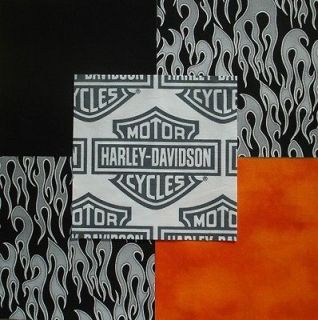   HARLEY DAVIDSON Logo Shield Silver flames Black Quilt Fabric Squares