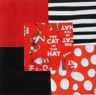   Seuss 6 CAT IN THE HAT Red Wht dots Blk Stripe Quilt Fabric Squares