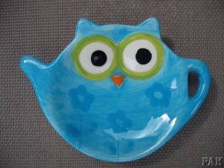 Ceramic Owl Spoon Rest.Teapot,Ki​tchen Decor.Teabag Purple Pink Blue 