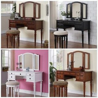   Mirror Cherry Wood Vanity Set Make Up Table with Stool and 5 Drawers