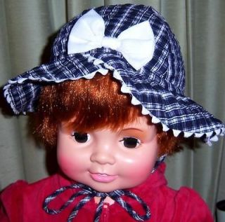 BABY Girl Sun Bonnet Bucket HAT White Navy Seersucker Bow Trim CAP 24 