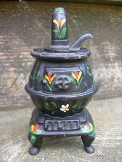 Vintage Black Cast Iron Pot Belly Stove Floral Folk Painted Miniature 
