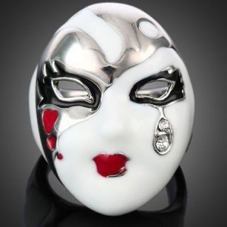   Enamel Face Red Lip Mask Shape Ring Swarovski Crystal 18k White GP