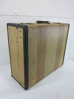 Vintage Large Striped Tweed Suitcase w/ Dark Brown Leather Trim