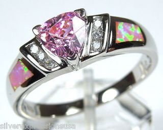 Trillion Pink Topaz & Pink Fire Opal Inlay 925 Sterling Silver Ring sz 