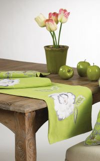 Camilla Embroidered Flower Lime Green Cotton Table Runner   14x72 