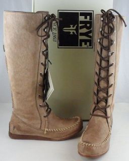 NIB FRYE ALEX LACE UP TALL MOCCASIN BOOTS TAN GRAY LEATHER * 6.5 8.5 