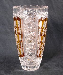 OLD AMBER TOPAZ CUT TO CLEAR CRYSTAL GLASS PANELS VASE