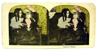 ANTIQUE OLD PHOTOGRAPHIC IMAGE CANDY FOR KISSES STEREOSCOPE CARD 