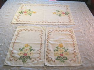   Set Of Three Doilies Cream Embroidered Yellow Red Oran Flowers