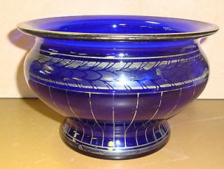   looking Large Blue Glass & Gold trim Bowl flower pot Dish Decorative