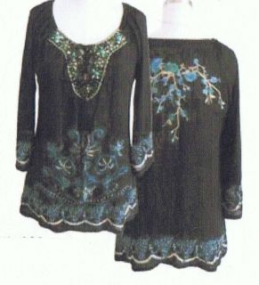 Krista Lee Cheyenne Black/Turquoise Embroidered/Beaded Blouse Top Size 