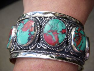 MEXICAN ALPACA SILVER TURQUOISE HUGE CONCHO CUFF BRACELET MEXICO