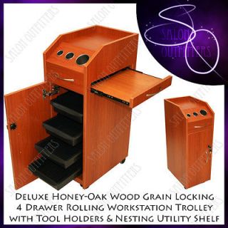 Honey Oak 4 Drawer Styling Station Trolley Trolly Cart Beauty Salon 