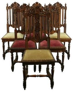 SET 6 ANTIQUE FRENCH RENAISSANCE HUNTING DINING CHAIRS CARVED OAK 